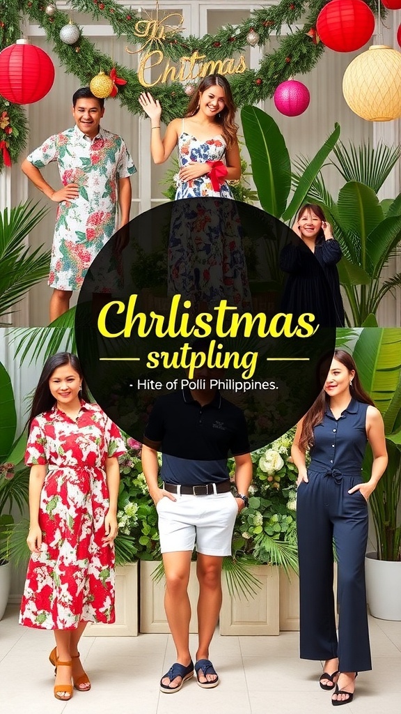 Festive Christmas Outfit Ideas for the Philippines A collection of stylish Christmas outfits for the Philippines, including Barong Tagalog, floral dress, shorts and polo, and jumpsuit.